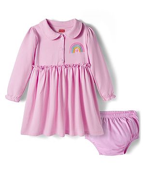 Babyhug Single Jersey Woven Full Sleeves Frock With Bloomers With Rainbow Print - Pink