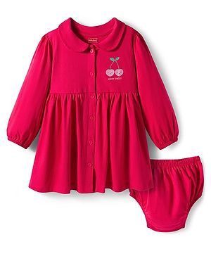 Babyhug Single Jersey Knit Full Sleeves Frock With Bloomers & Cherry Print - Maroon