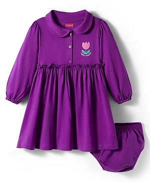 Babyhug Single Jersey Knit Full Sleeves Frock With Bloomer & Floral Print - Purple