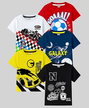 KUCHIPOO Cotton Knit Pack Of 5 Half Sleeves Sports Car & Typography Printed Tees - Yellow White Red Black & Blue