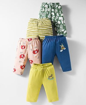 OHMS Single Jersey Knit Full Length Lounge Pants with Stripes & Animal Print Pack of 5 - Blue Green & Pink