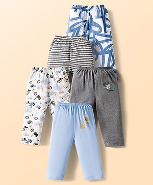 OHMS Single Jersey Knit Full Length Lounge Pant With Vehicle Print & Stripes Pack Of 5 - Multicolour