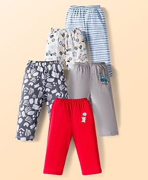 OHMS Single Jersey Knit Full Length Lounge Pant With Vehicle Print & Stripes Pack Of 5 - Multicolour