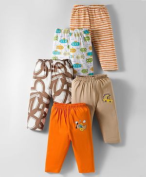 OHMS Single Jersey Knit Full Length Lounge Pant with Stripes & Vehicle Print Pack of 5 - Orange Brown & White