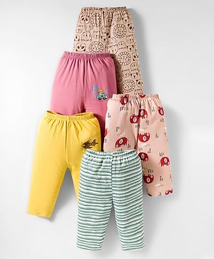 OHMS Single Jersey Knit Full Length Lounge Pants with Stripes & Animal Print Pack of 5 - Multicolor