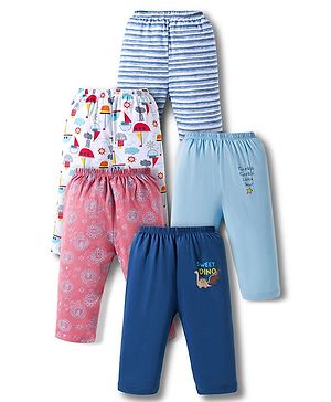OHMS Single Jersey Knit Full Length Lounge Pants With Stripes & Nautical Prints Pack of 5 - Navy Blue Pink & White