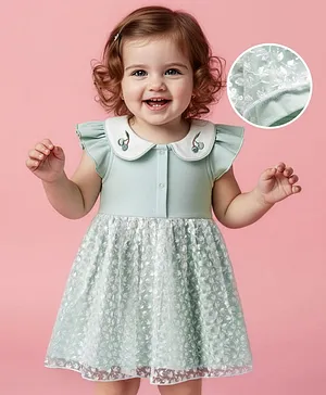 Babyoye 100% Cotton Woven Frill
                              Sleeves Solid Dyed Party Dress With Floral
                              & Cherry Embroidery - Light Green