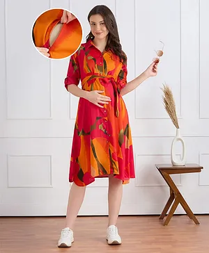 Bella Mama Woven Three Fourth Sleeves Maternity Shirt Dress With Floral Print - Orange