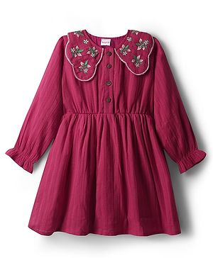 Babyhug 100% Cotton Full Sleeves Frock With Floral Embroidery - Dark Pink