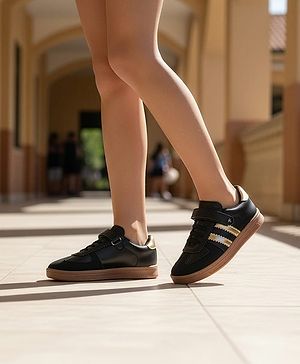 Pine Kids Velcro Closure Sneakers with Stripes - Black & Gold