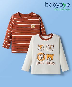 Babyoye 100% Cotton Knit With Eco Jiva Finish Full Sleeves T-Shirt With Stripes & Animal Print Pack of 2 - Rust Orange & White
