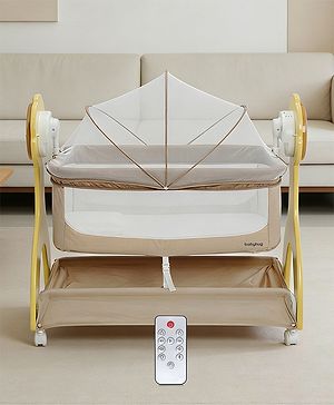Babyhug Sun Flower Wooden Electric Cradle with Mosquito Net - Beige| 3 Level Swing| Sturdy Wooden Frame| 3 Preset Timer| Soothing Music| Wheels with Lock| Mesh Sides for Ventilation| Newborn Essential