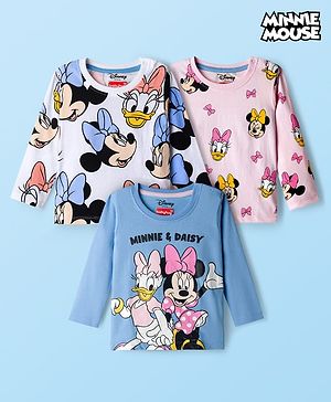 Babyhug Disney Single Jersey Knit Full Sleeves T-Shirt with Minnie and Friends Graphics Pack of 3 - Light Blue Pink & White