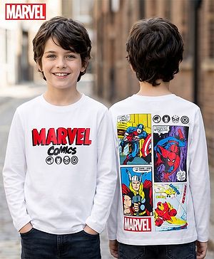 Pine Kids Marvel Single Jersey Knit Full Sleeves T-Shirt with Front & Back Avengers Graphics - White