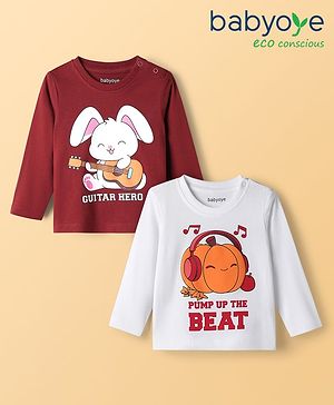 Babyoye 100% Cotton Knit Full Sleeves T-Shirts with Bunny & Pumpkin Print Pack of 2 - Dark Red & White