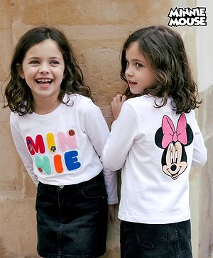 Babyhug Disney Single Jersey Knit Full Sleeves T-Shirt With Minnie Mouse Graphics & Patch Detailing & Back Print - White