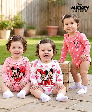 Babyhug Disney Interlock Knit Full Sleeves Onesies with Minnie & Friends Graphics Pack of 3 - Pink & White