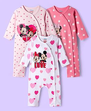 Babyhug Disney Interlock Knit Full Sleeve Rompers with Heart Minnie & Mickey Mouse Graphics Pack of 3 - Pink & White