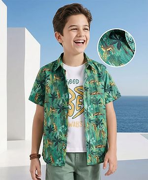 Pine Kids Cotton Woven Half Sleeves Animal Printed Shirt With T-Shirt - Multicolour