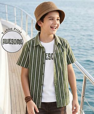 Pine Kids Cotton Woven Half Sleeves Striped Shirt With T-Shirt - Green