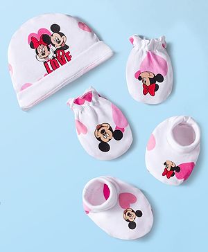 Babyhug Disney Interlock Knit Cap Mitten & Booties Set with Minnie Mouse & Friends White - Diameter 10 cm
