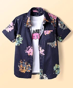 Pine Kids Cotton Woven Half Sleeves Abstract Printed Shirt with Inner Tee - Navy Blue