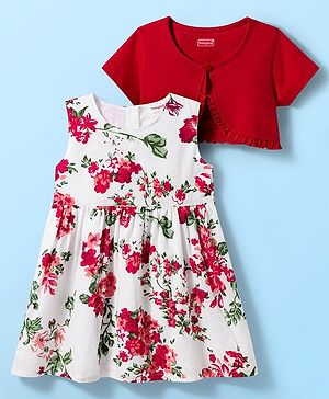 Babyhug Cotton Woven Half Sleeves Frock & Shrug With Floral Print & Frill Detailing - Red & White