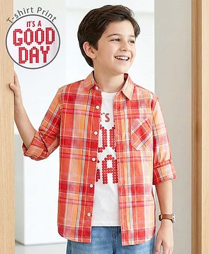 Pine Kids Cotton Woven Full Sleeves Checked Shirt with Inner Tee - Dark Orange & White