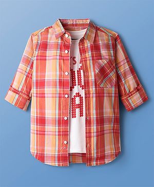 Pine Kids Cotton Woven Full Sleeves Checked Shirt with Inner Tee - Dark Orange & White