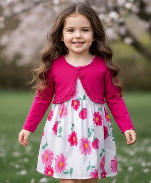 Babyhug Cotton Woven Floral Printed Frock with Full Sleeves Shrug - Dark Pink & White