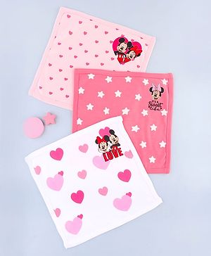 Babyhug Disney Interlock Knit Hand & Face Towel with Minnie Mouse Graphics Pack of 3 L 33 x B 33 - Pink White & Dark Pink