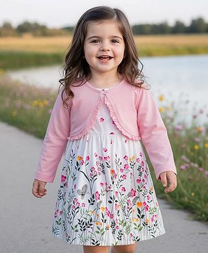 Babyhug Cotton Woven Floral Printed Frock with Full Sleeves Shrug - Pink & White