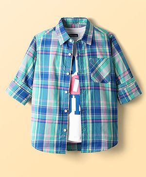 Pine Kids Cotton Woven Full Sleeves Checked Shirt with Inner Tee - Blue & White