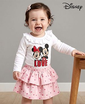 Babyhug Disney Interlock  Knit Full Sleeves Onesie and Skirt with Minnie & Friends Graphic - Pink & White