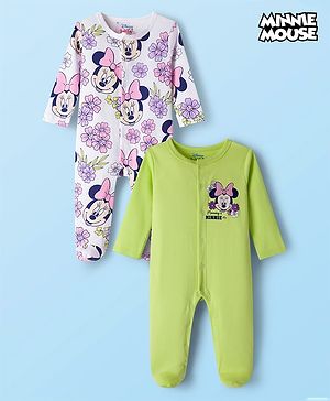 Babyhug Disney Interlock Knit Full Sleeves Footed Sleepsuit With Minnie Mouse Graphics Pack Of 2 - Green & White