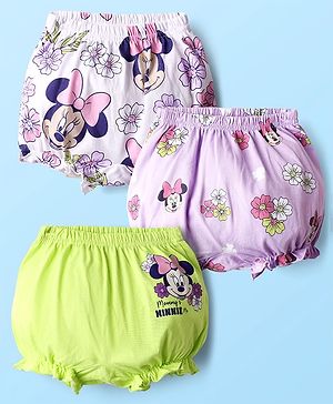 Babyhug Disney Interlock Knit Mid Thigh Bloomers With Minnie Mouse Graphics Pack of 3 - Purple & Green