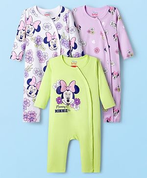 Babyhug Disney Interlock Knit Full Sleeves Rompers With Minnie Mouse Graphics Pack of 3 - Light Green & Lavender