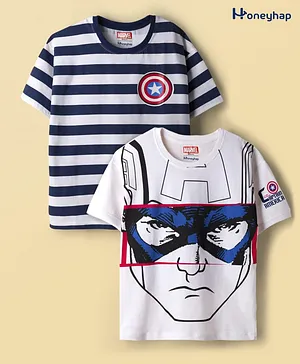 Honeyhap Marvel Single Jersey Knit Oversize Drop Shoulder Half Sleeves T-Shirt with Captain America Graphics Pack of 2 - White & Navy Blue