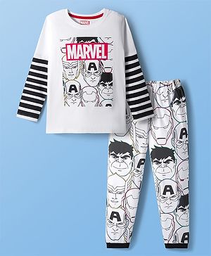 Pine Kids Marvel Single Jersey Knit Full Sleeves Night Suit With Avengers Graphics - White