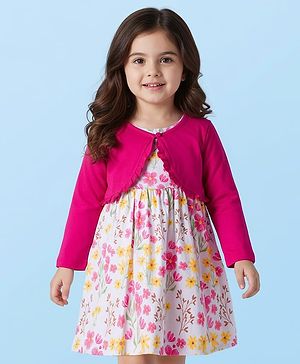 Babyhug Cotton Woven Floral Printed Frock with Full Sleeves Shrug - Dark Pink & White