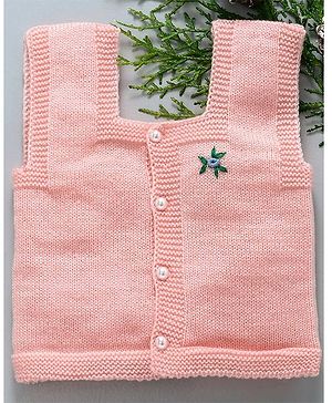 Little Angels Woollen Knitted Sleeveless Floral Embroidered Sweater - Pink