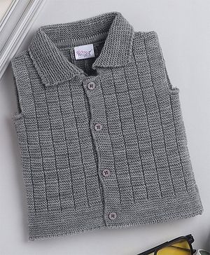 Little Angels Woollen Knitted Sleeveless Self Designed & Striped Sweater - Grey