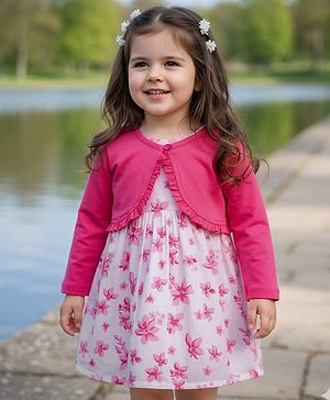 Babyhug Cotton Woven Full Sleeves Shrug & Frock with Floral Print - Pink & White