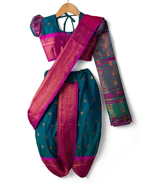 Bhartiya Paridhan Silk Woven Half
                              Puffed Sleeves Saree with Motif Print -
                              Teal Blue & Dark Pink