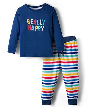 Babyhug Single Jersey Knit Full Sleeves T-Shirt & Joggers Set with Really Happy Text Print - Navy Blue