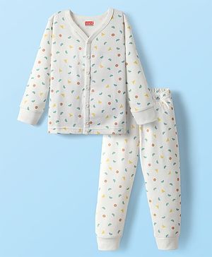 Babyhug Cotton Knit Full Sleeves Thermal Vests & Pant Set with Geometric Print - Offwhite
