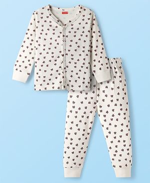 Babyhug Knit Full Sleeves Thermal Vest & Pant Set with Bow Print - Off White