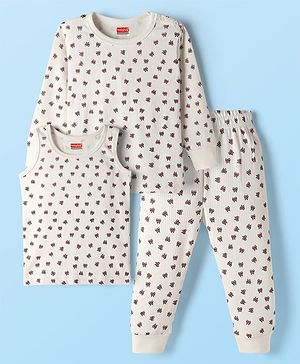 Babyhug Knit Full Sleeves Pullover Thermal Set With Bow Print - Off White