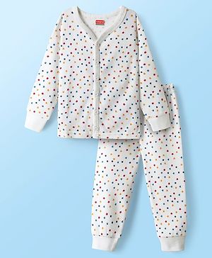 Babyhug Knit  Full Sleeves Front Open Thermal Vest And Pant Set With Star Print - Off-White