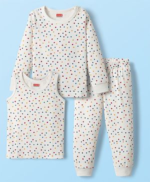 Babyhug  Knit Full Sleeves Thermal Vests & Pant Set with Star Print - Off white